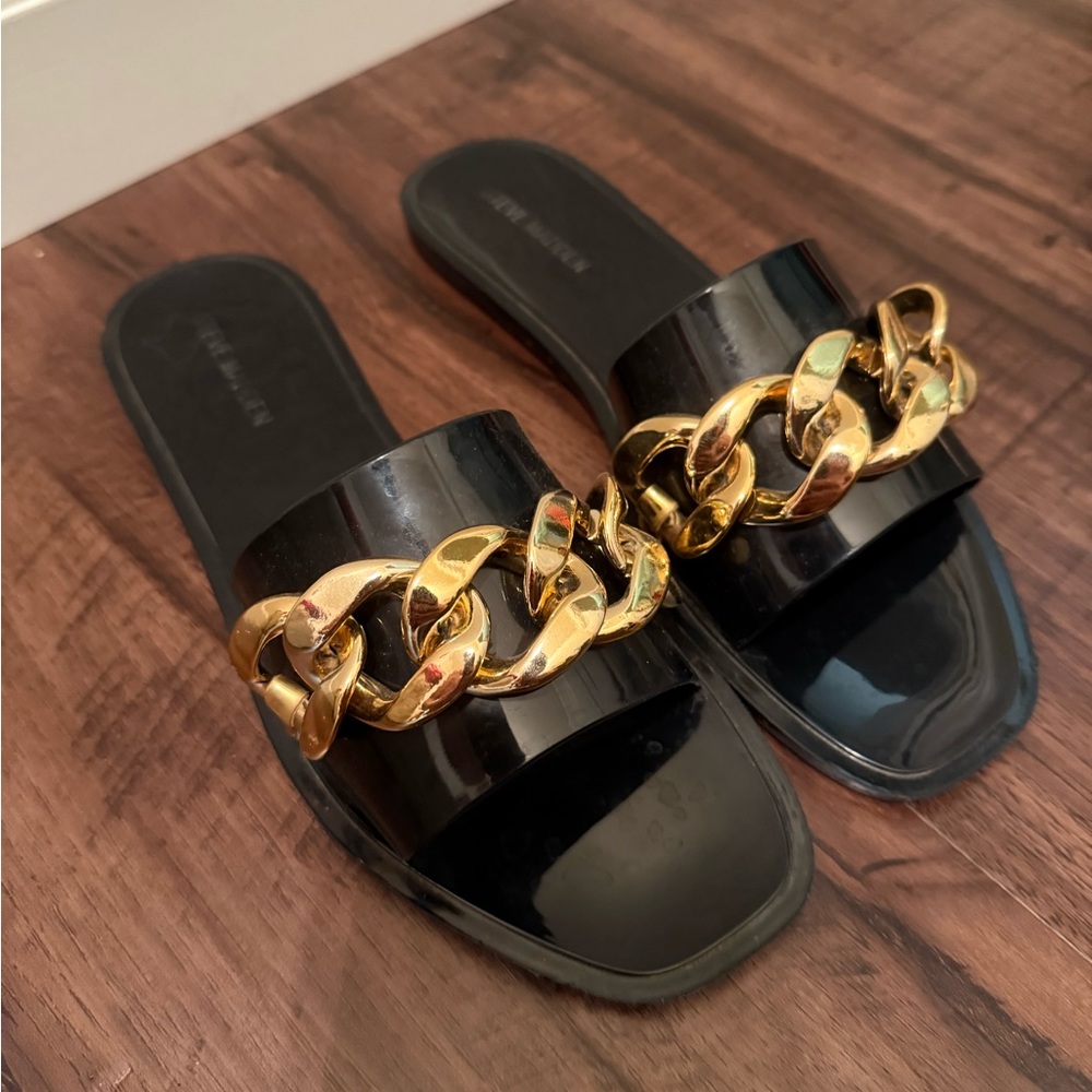 Steve Madden Black Slide Sandals with Gold Chain